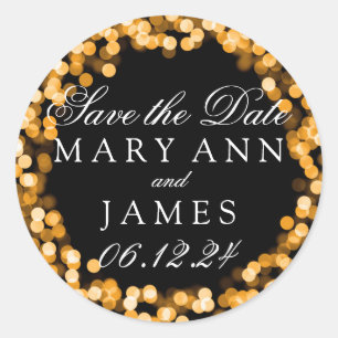 Wedding Save The Date Gold Sparkly Lights Classic Round Sticker