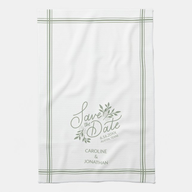 Wedding Save the Date Hand Drawn Botanical Floral Tea Towel (Vertical)