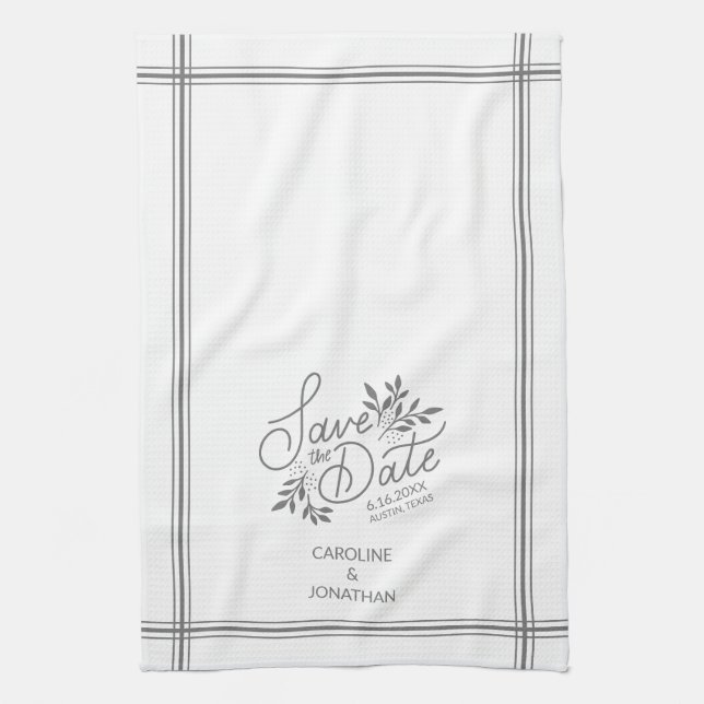 Wedding Save the Date Hand Drawn Botanical Floral  Tea Towel (Vertical)