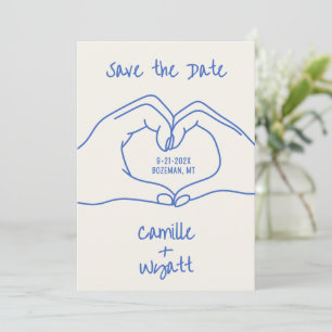 Wedding Save the Date Hand Drawn Heart Hands Blue Invitation