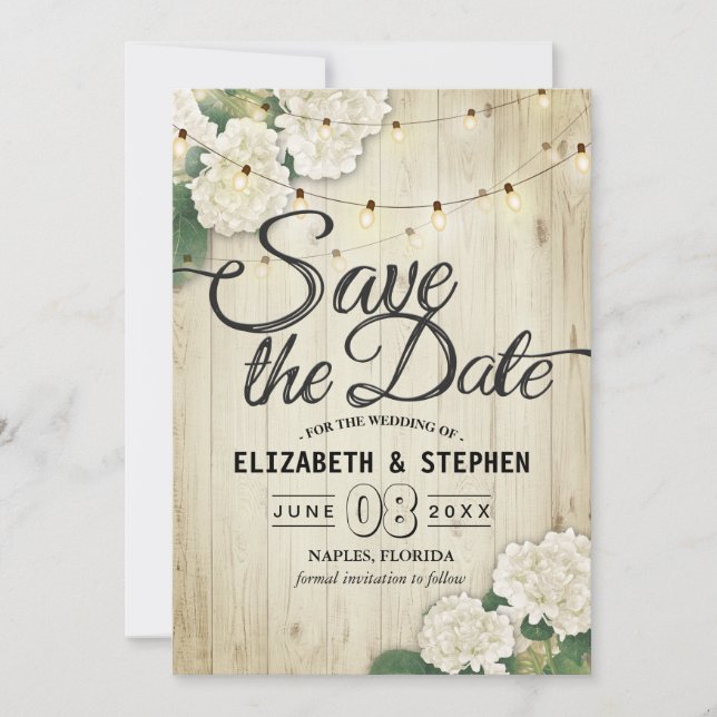 Wedding Save The Date Hydrangea String Lights Wood (Front)