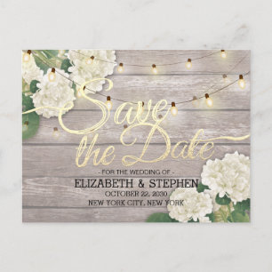 Wedding Save The Date Hydrangea String Lights Wood Announcement Postcard