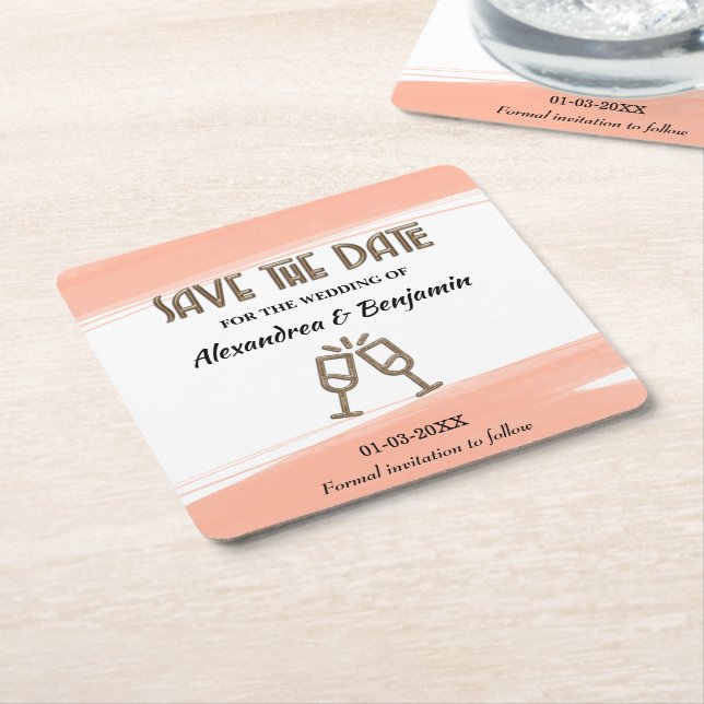 Wedding Save The Date Invitation Pink Personalise Square Paper Coaster (Angled)