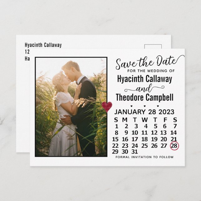Wedding Save the Date January 2023 Calendar Photo  Invitation Postcard (Front/Back)