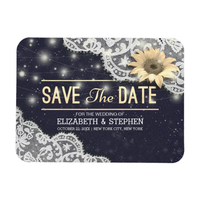 Wedding Save The Date Lace Sunflower String Lights Magnet (Horizontal)