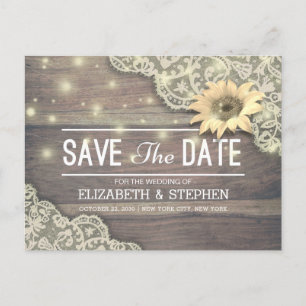 Wedding Save The Date Lace Sunflower Wood Lights Announcement Postcard
