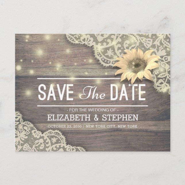 Wedding Save The Date Lace Sunflower Wood Lights Announcement Postcard (Front)
