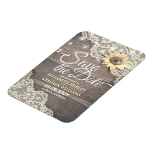 Wedding Save The Date Lace Sunflower Wood Lights Magnet