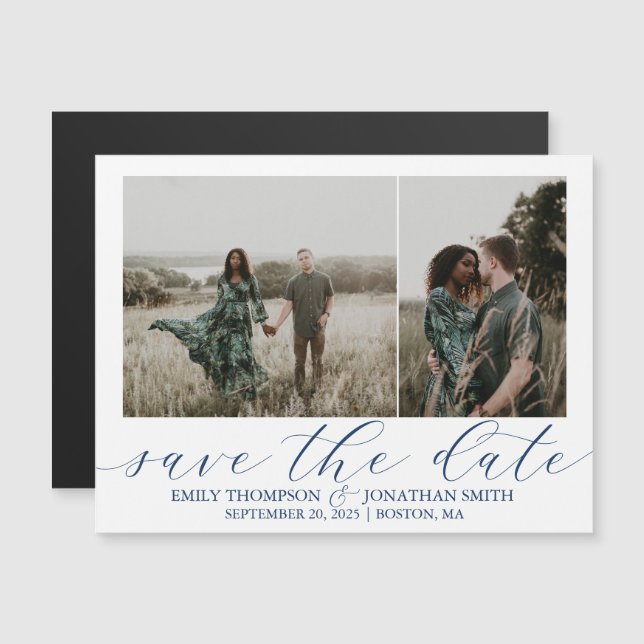Wedding Save The Date Magnets Two Photos in Navy (Front/Back)