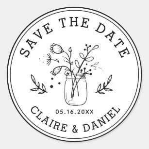 Wedding Save the Date Mason Jar Flowers Classic Round Sticker