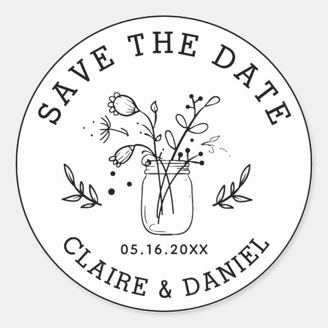 Wedding Save the Date Mason Jar Flowers Classic Round Sticker (Front)