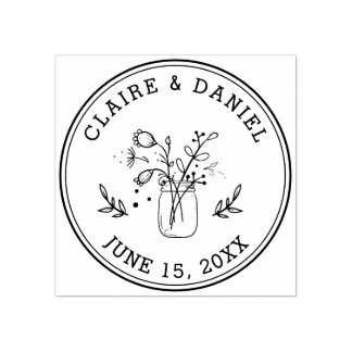 Wedding Save the Date Mason Jar Flowers Rubber Stamp
