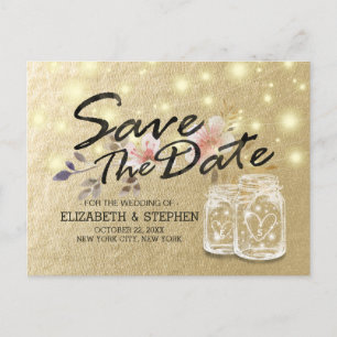 Wedding Save The Date Mason Jar String Lights Gold Announcement Postcard