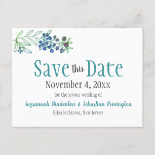 Wedding Save The Date Minimalist Blue Berries Announcement Postcard