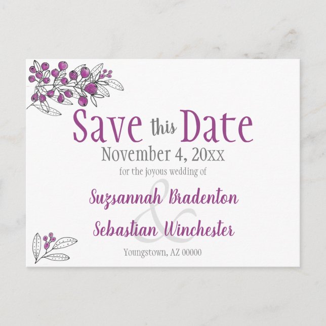 Wedding Save The Date Minimalist Purple Berries Announcement Postcard (Front)