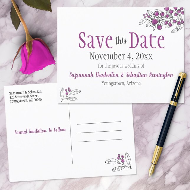Wedding Save The Date Minimalist Purple Berries Announcement Postcard (front and back save the date postcard)