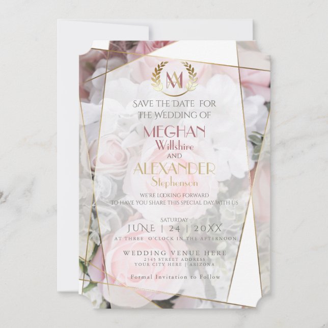 Wedding Save the Date |  Modern Geometric PinkRose (Front)