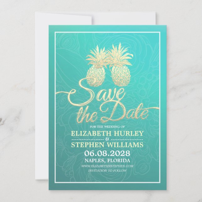Wedding Save The Date Modern Gold Pineapple Couple (Front)
