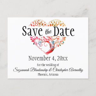 Wedding Save The Date Orange Burgundy Tree Heart  Announcement Postcard