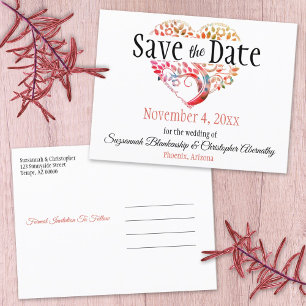 Wedding Save The Date Orange Burgundy Tree Heart Announcement Postcard