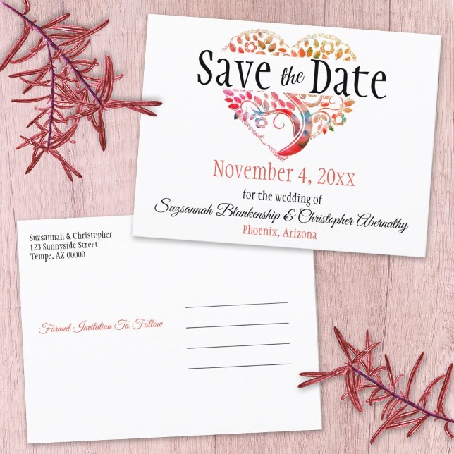 Wedding Save The Date Orange Burgundy Tree Heart Announcement Postcard (Creator Uploaded)