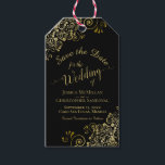 Wedding Save the Date Pencil Us In Gold on Black Gift Tags<br><div class="desc">These beautiful gift tags are designed to accompany wedding save the date favours such as pencils or calendars. They feature a beautiful gold and black design with lace frills in the corners and fancy script calligraphy reading Save the Date with the names of the couple, wedding date and location. The...</div>