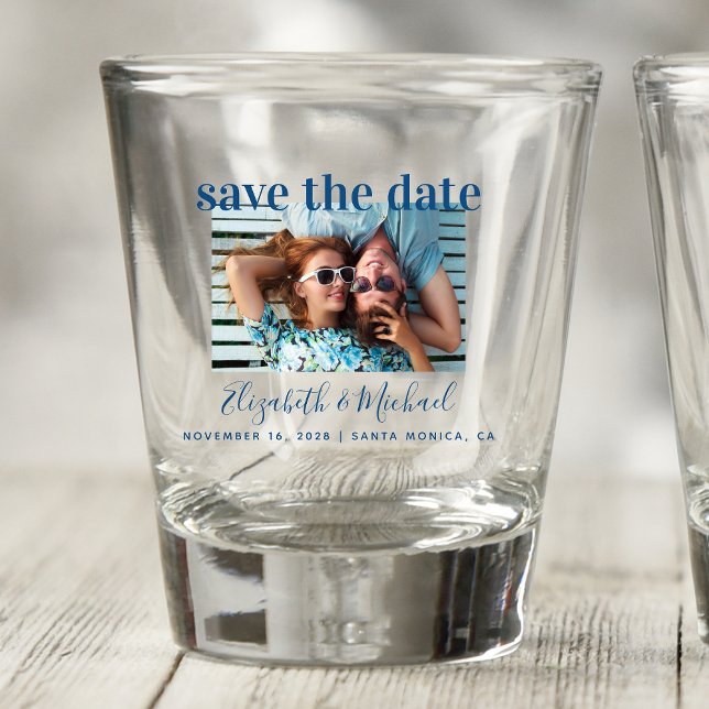 Wedding Save the Date Photo Blue Shot Glass (Creator Uploaded)