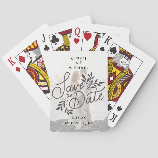 Wedding Save the Date Photo Calligraphy Botanical Playing Cards (Back)