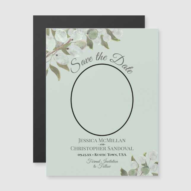 Wedding Save the Date Photo & Greenery Mint Magnetic Invitation (Front/Back)