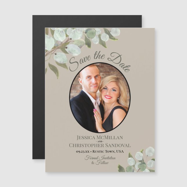Wedding Save the Date Photo & Greenery Taupe Magnetic Invitation (Front/Back)