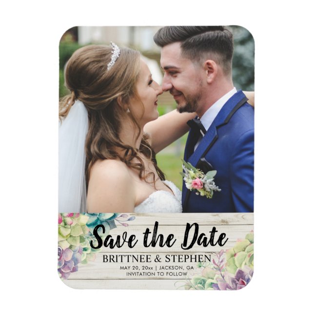 Wedding Save The Date Photo Magnet Succulents Wood (Vertical)
