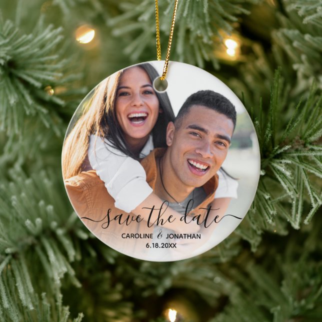 Wedding Save the Date Photo Pretty Calligraphy Ceramic Tree Decoration (Tree)