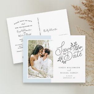 Wedding Save the Date Photo Script Botanical Blue Postcard
