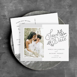 Wedding Save the Date Photo Script Botanical Grey Postcard
