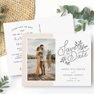 Wedding Save the Date Photo Script Botanical Peach Postcard