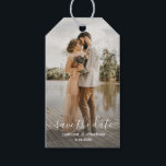 Wedding Save the Date Photo Simple Calligraphy Gift Tags<br><div class="desc">Use this gift tag as a fun, unique save the date or attach it to a save the date favour/gift. Design features your photo and a white text overlay. Add your names and date to the front and custom text to the back. Simple and classic yet modern on on-trend -...</div>