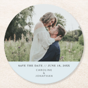 Wedding Save the Date Photo Simple Minimal Blue Round Paper Coaster