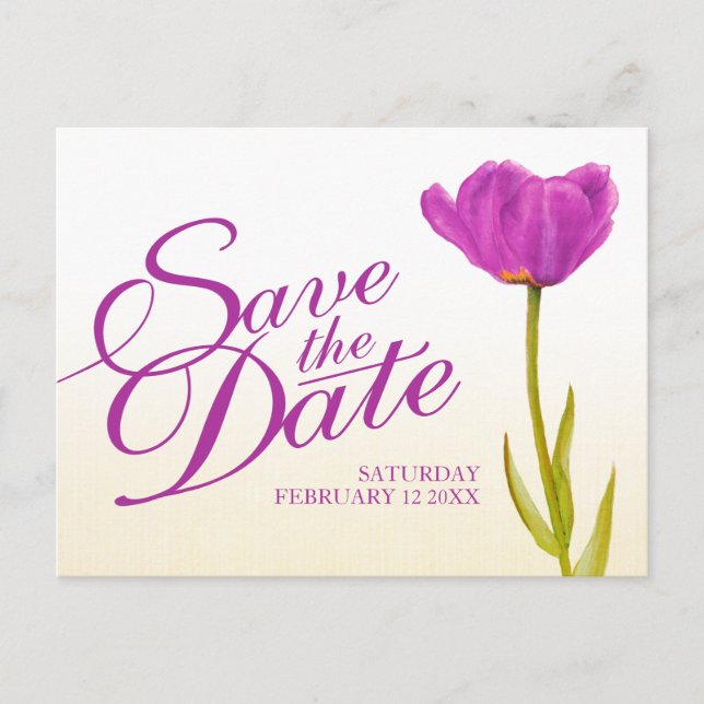 Wedding Save the Date Postcard purple tulip art (Front)