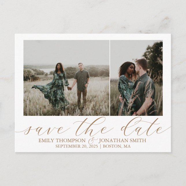 Wedding Save The Date Postcards Two Photos Gold (Front)