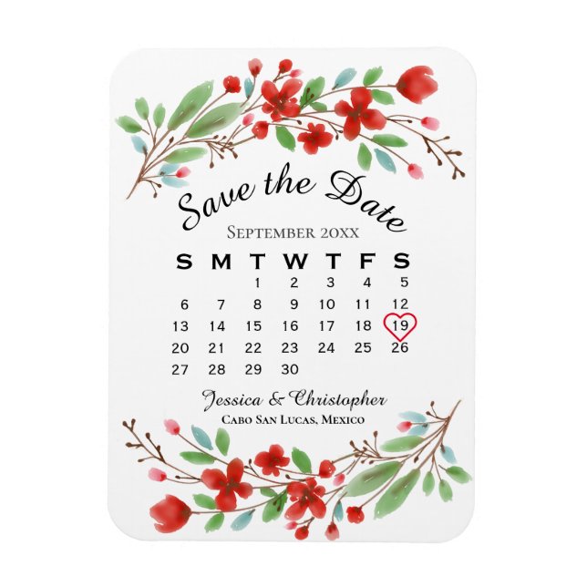 Wedding Save the Date Red Blossoms Calendar Magnet (Vertical)