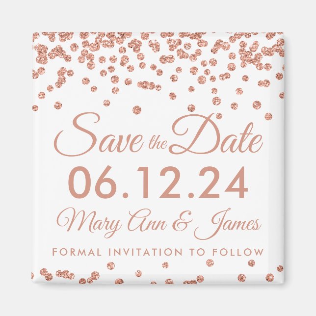 Wedding Save The Date Rose Gold Glitter Confetti Magnet (Front)