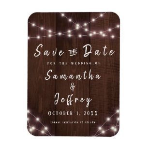 Wedding Save the Date Rustic String Lights Wood Magnet