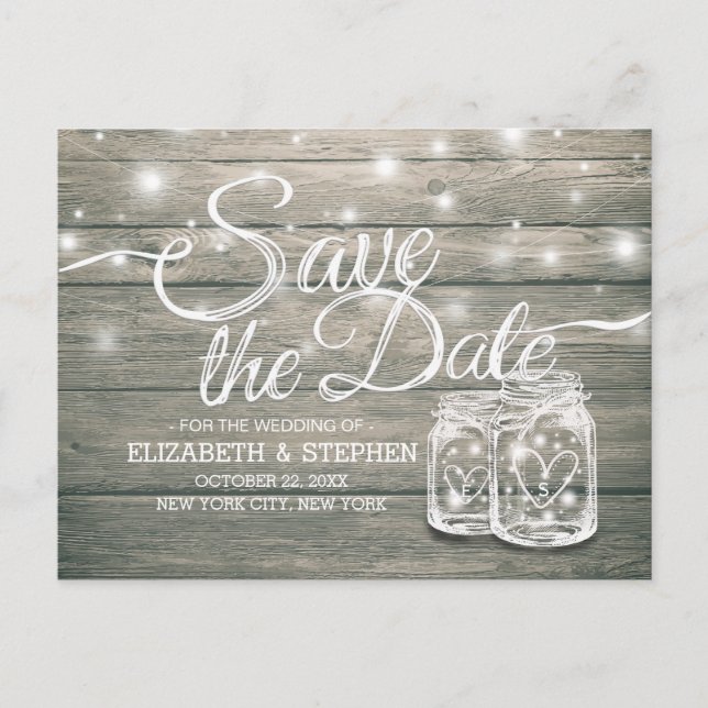 Wedding Save The Date Rustic Wood Mason Jar Lights Announcement Postcard (Front)