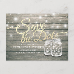 Wedding Save The Date Rustic Wood Mason Jar Lights Announcement Postcard