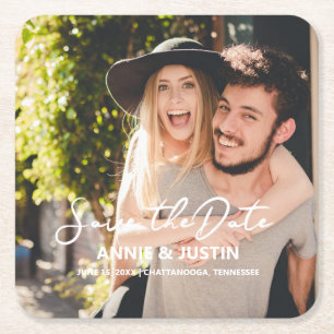 Wedding Save the Date Script Photo Square Paper Coaster