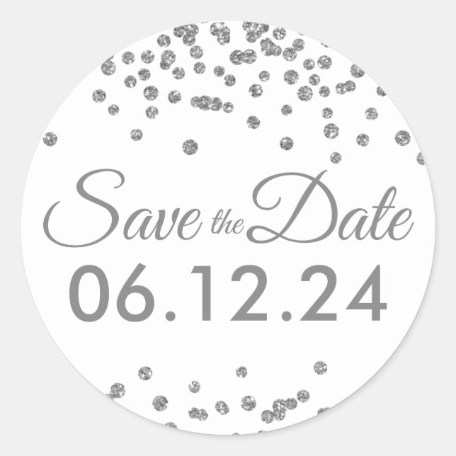 Wedding Save the Date Silver Glitter Confetti Classic Round Sticker (Front)