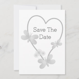 Wedding Save The Date Silver Heart Butterflies Announcement