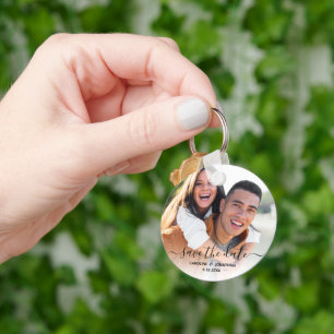 Wedding Save the Date Simple Photo Calligraphy Key Ring