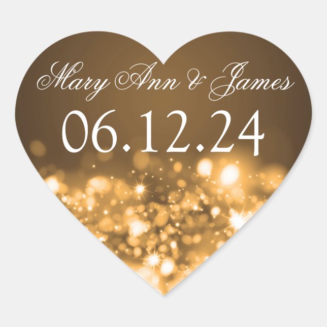 Wedding Save The Date Sparkling Lights Gold Heart Sticker (Front)