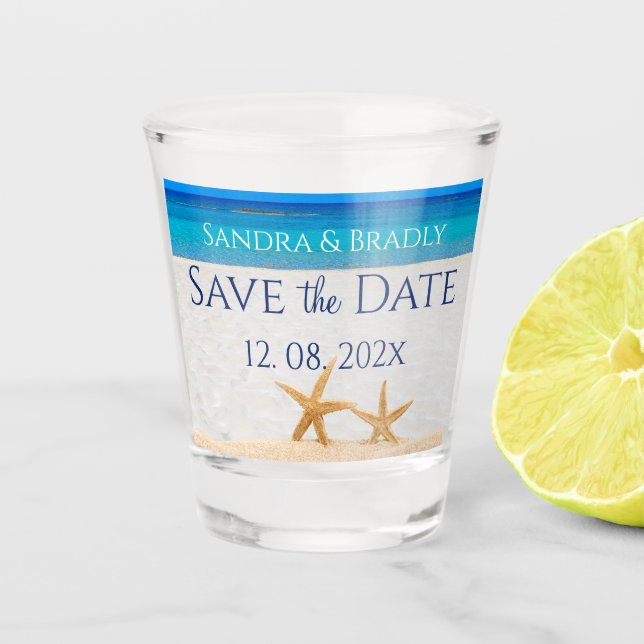 Wedding Save the Date, Starfish on Ocean beach Shot Glass (Front)